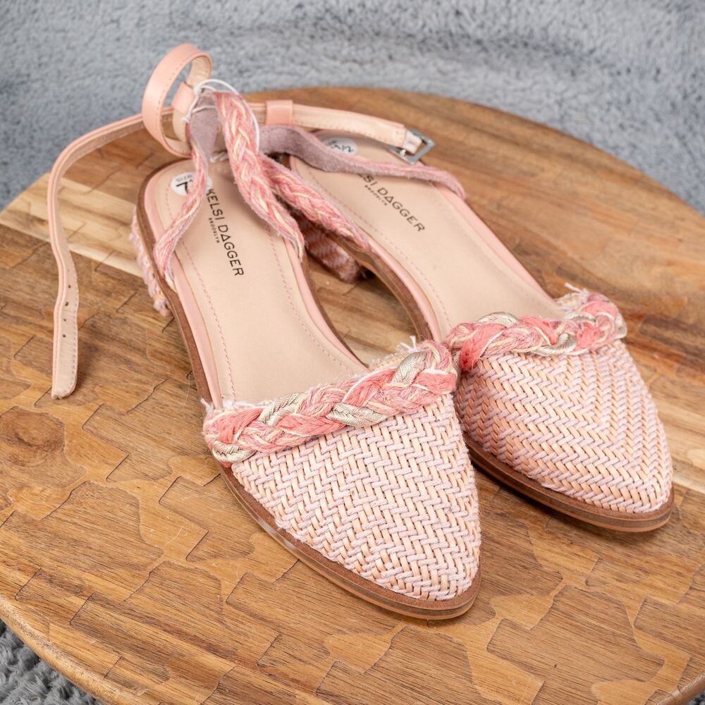 Kelsi Dagger Brooklyn Slingback Sandals 7.5 Pointy Toe Pink Rope Tie Strap